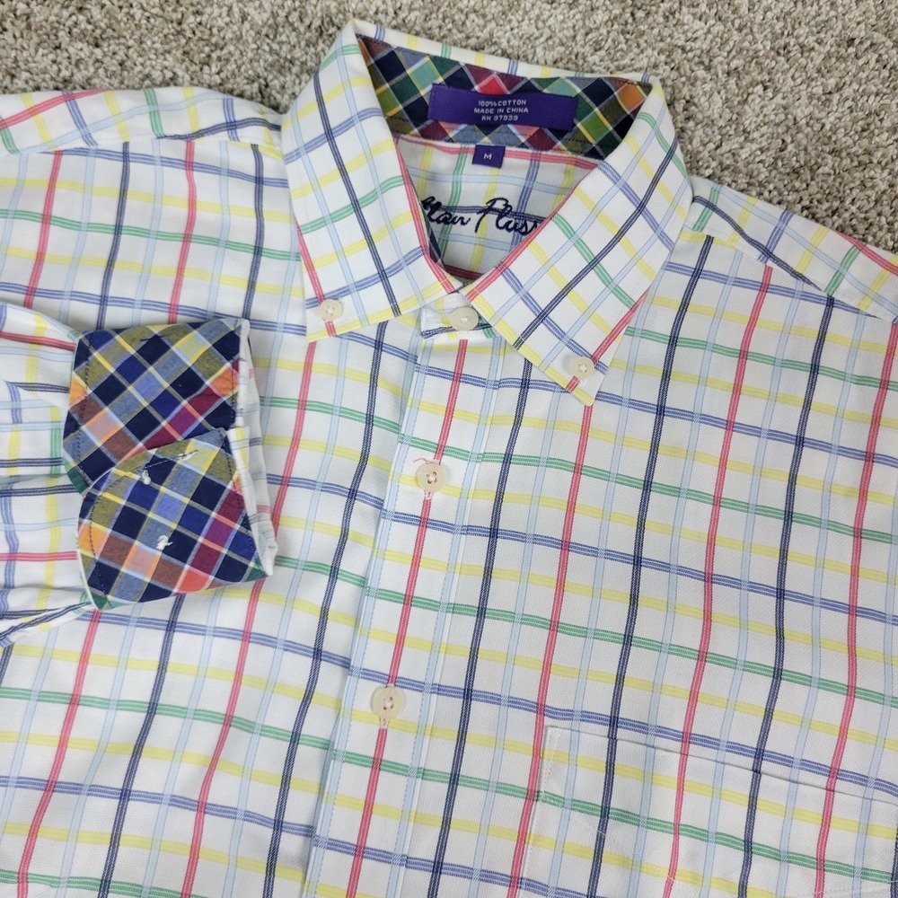 Alan Flusser Mens Medium White Check Button Down Long Sleeve Flip Cuff